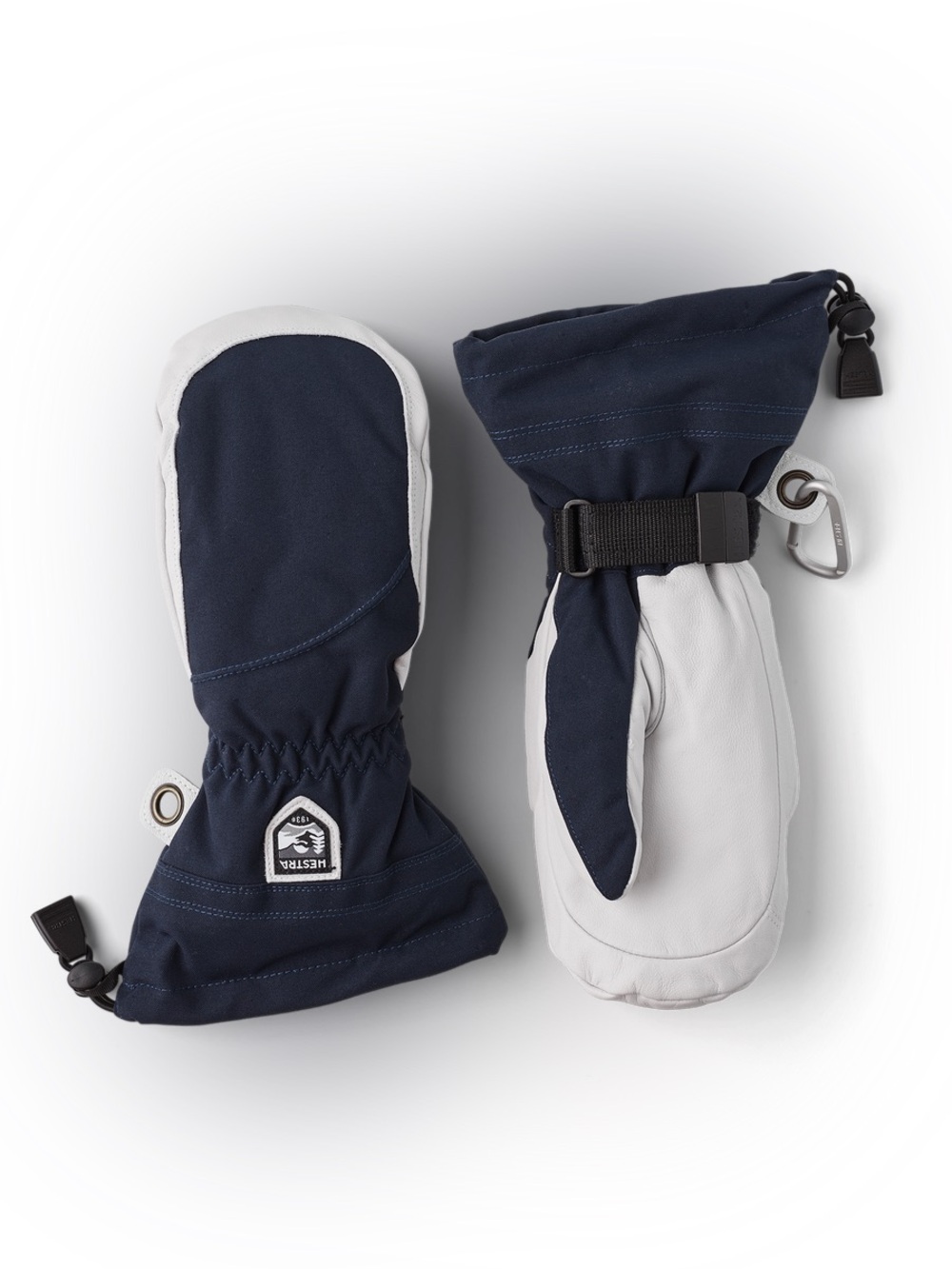 Hestra Leather Heli Ski Mitts in Navy and White Leather Combo